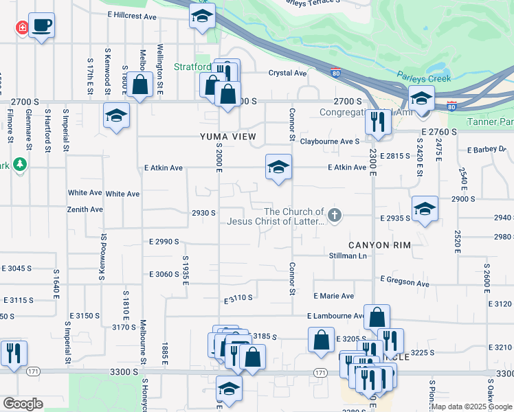 map of restaurants, bars, coffee shops, grocery stores, and more near 2108 Sierra Ridge Court in Salt Lake City