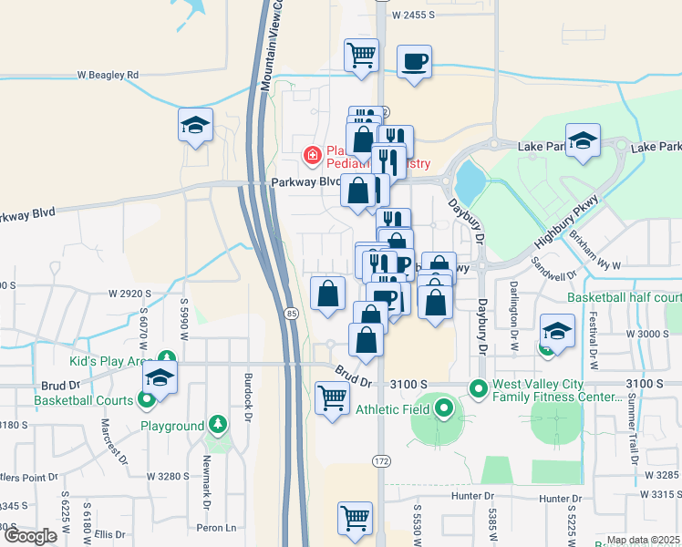 map of restaurants, bars, coffee shops, grocery stores, and more near 2897 Arfons Bay in West Valley City