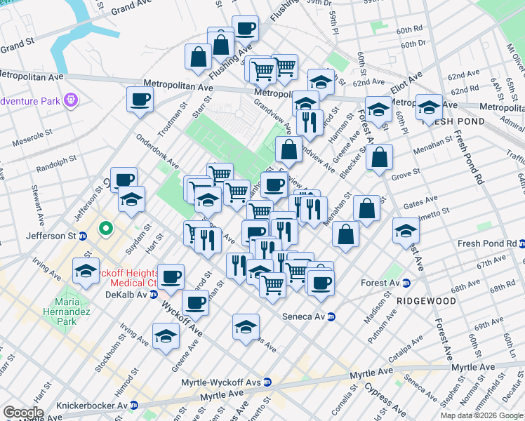 map of restaurants, bars, coffee shops, grocery stores, and more near 1894 Stanhope Street in Queens