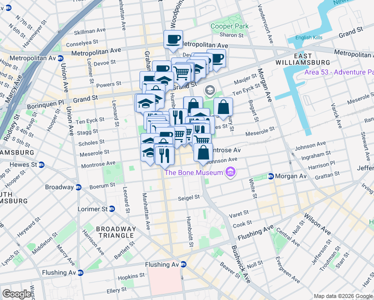 map of restaurants, bars, coffee shops, grocery stores, and more near 205 Montrose Avenue in Brooklyn