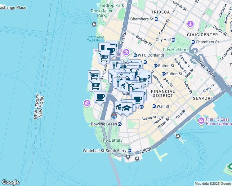 map of restaurants, bars, coffee shops, grocery stores, and more near 90 Washington Street in New York