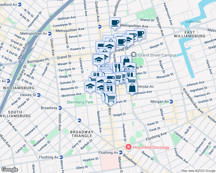 map of restaurants, bars, coffee shops, grocery stores, and more near 165 Meserole Street in Brooklyn