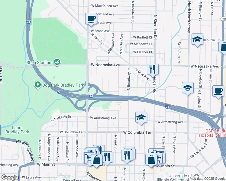 map of restaurants, bars, coffee shops, grocery stores, and more near 1706 North Bourland Avenue in Peoria