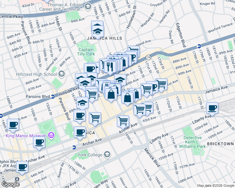 map of restaurants, bars, coffee shops, grocery stores, and more near 89-11 Merrick Boulevard in Queens
