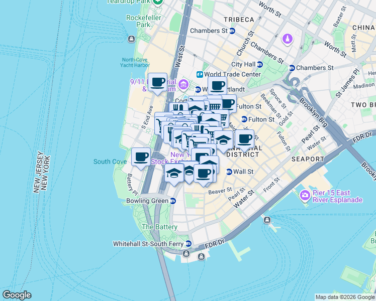 map of restaurants, bars, coffee shops, grocery stores, and more near Trinity Place in New York