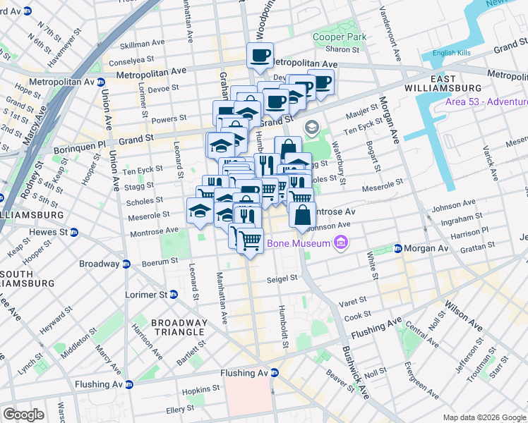 map of restaurants, bars, coffee shops, grocery stores, and more near 183 Humboldt Street in Brooklyn