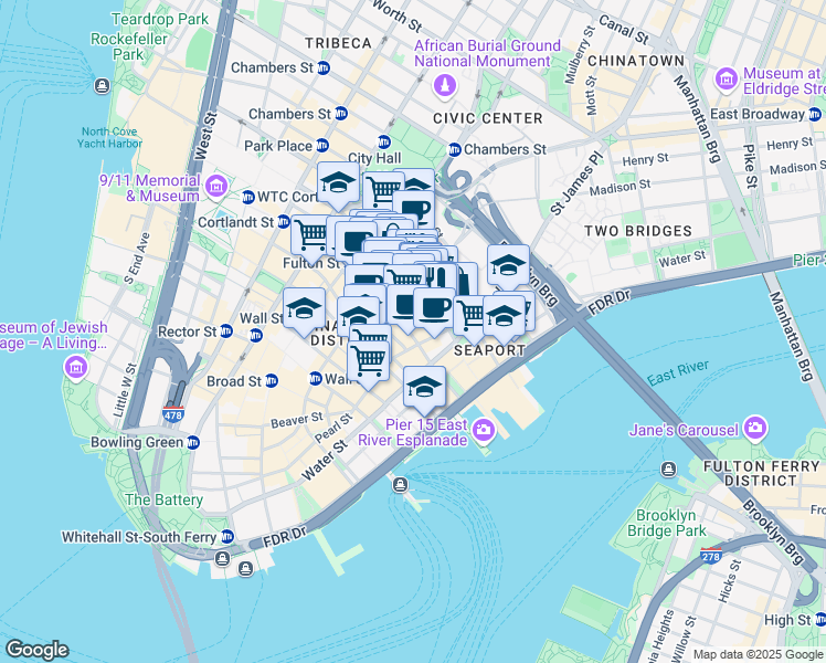 map of restaurants, bars, coffee shops, grocery stores, and more near 116 John Street in New York