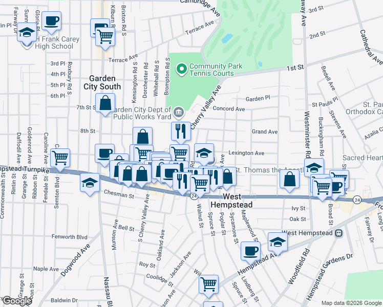 map of restaurants, bars, coffee shops, grocery stores, and more near 120 Osborne Road in West Hempstead