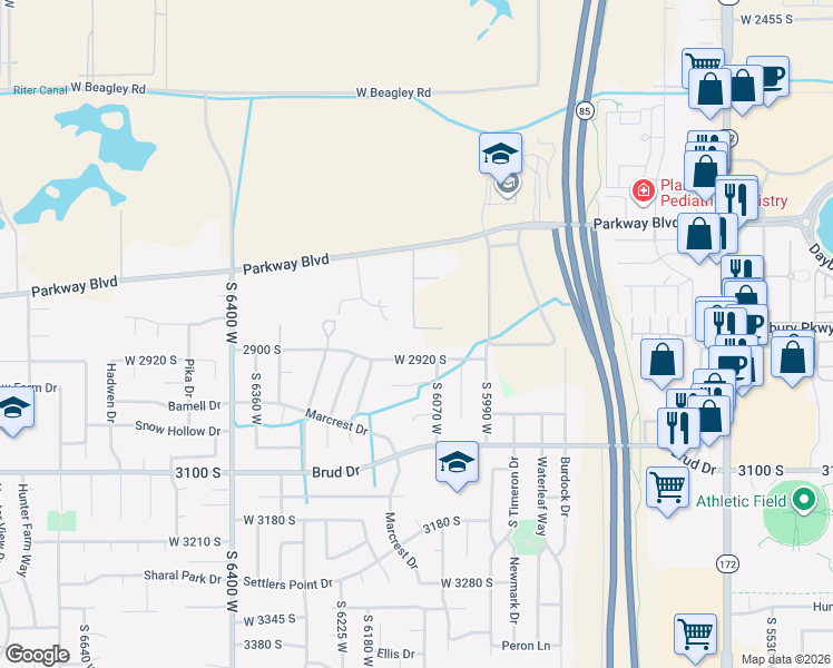 map of restaurants, bars, coffee shops, grocery stores, and more near 6089 McAlpine Lane in West Valley City