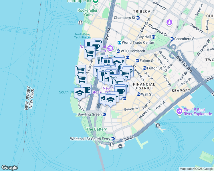 map of restaurants, bars, coffee shops, grocery stores, and more near 13-21 Rector Street in New York