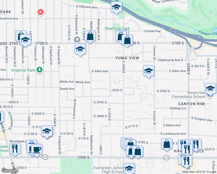 map of restaurants, bars, coffee shops, grocery stores, and more near 1890 Crandall Circle in Salt Lake City