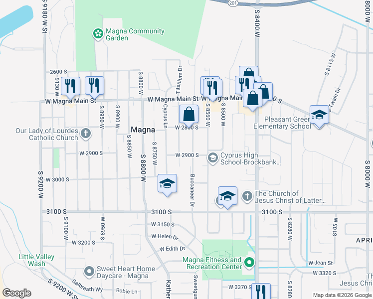 map of restaurants, bars, coffee shops, grocery stores, and more near 2845 South 8650 West in Magna