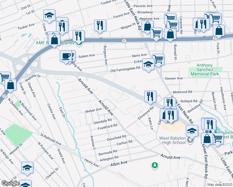 map of restaurants, bars, coffee shops, grocery stores, and more near 221 New York 109 in West Babylon
