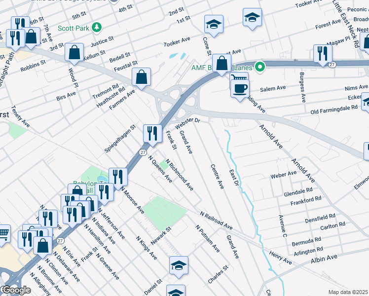 map of restaurants, bars, coffee shops, grocery stores, and more near 661 Grand Avenue in Lindenhurst