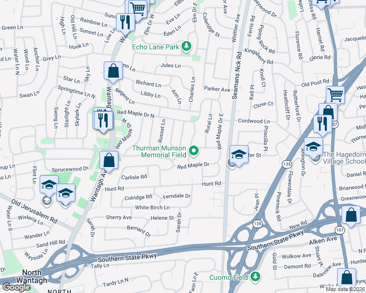map of restaurants, bars, coffee shops, grocery stores, and more near 20 Return Lane in Levittown