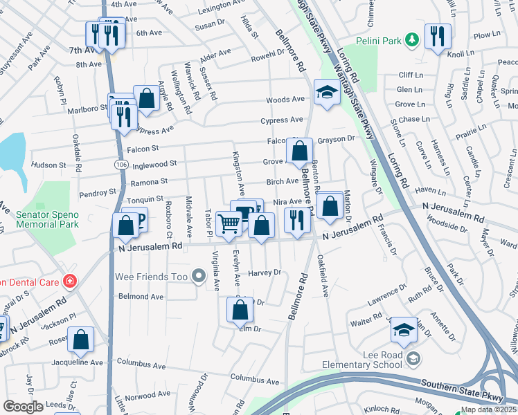 map of restaurants, bars, coffee shops, grocery stores, and more near 603 Kingston Avenue in East Meadow