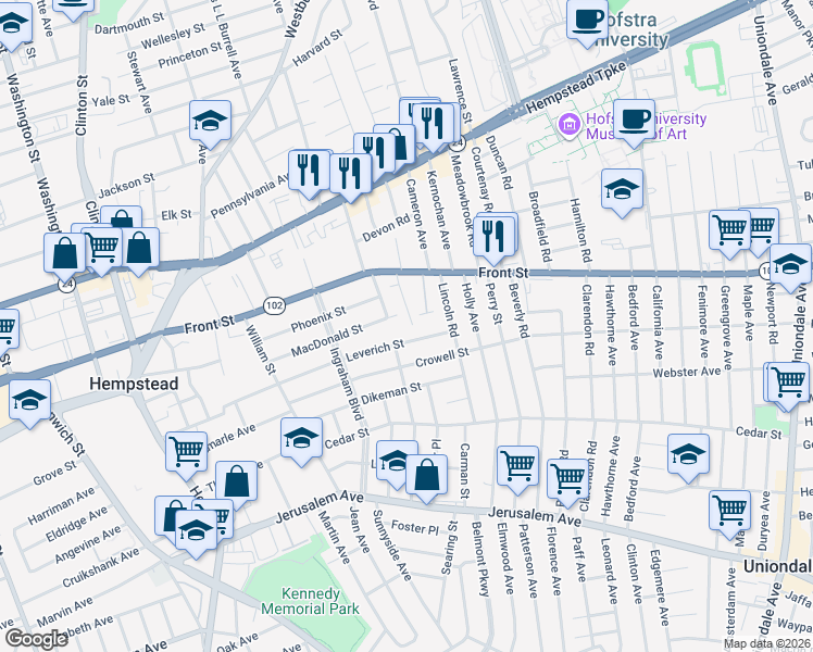 map of restaurants, bars, coffee shops, grocery stores, and more near 36 Clemente Place in Hempstead