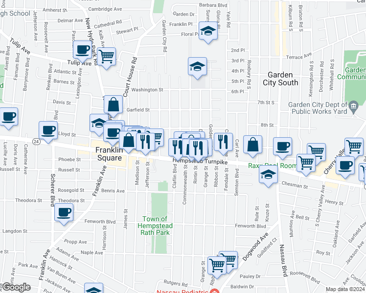 map of restaurants, bars, coffee shops, grocery stores, and more near 54 McKinley Avenue in Franklin Square