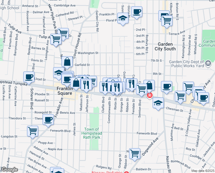 map of restaurants, bars, coffee shops, grocery stores, and more near 54 McKinley Avenue in Franklin Square
