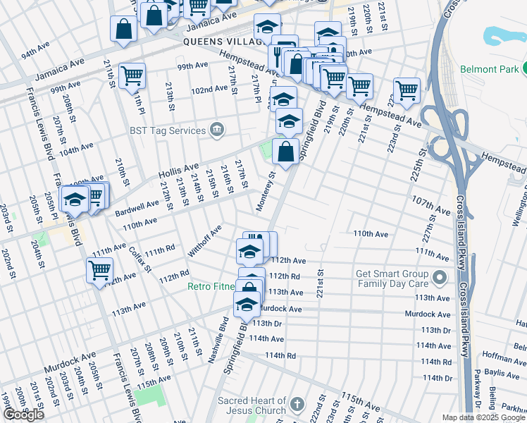 map of restaurants, bars, coffee shops, grocery stores, and more near 217-10 110th Avenue in Queens