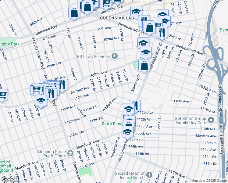 map of restaurants, bars, coffee shops, grocery stores, and more near 214-07 110th Avenue in Queens