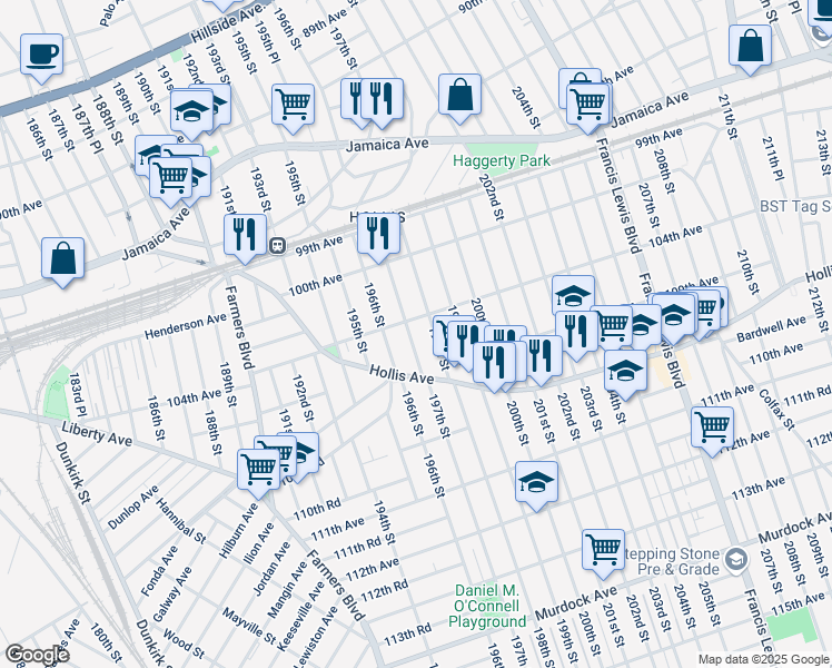 map of restaurants, bars, coffee shops, grocery stores, and more near 100-60 198th Street in Queens