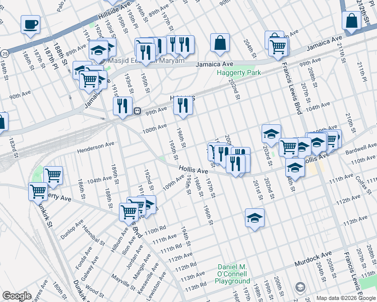 map of restaurants, bars, coffee shops, grocery stores, and more near 100-41 196th Street in Queens