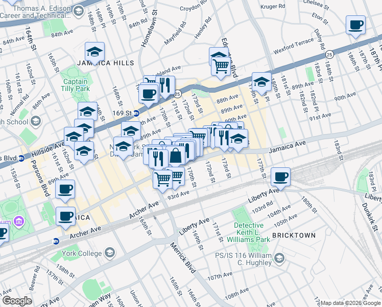 map of restaurants, bars, coffee shops, grocery stores, and more near 90-16 171st Street in Queens