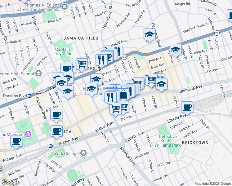 map of restaurants, bars, coffee shops, grocery stores, and more near 169-12 90th Avenue in Queens