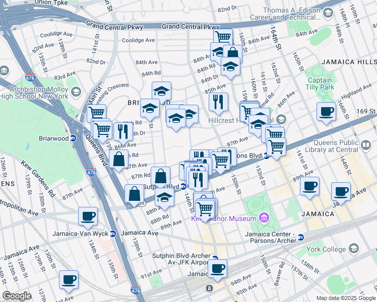map of restaurants, bars, coffee shops, grocery stores, and more near 85-86 148th Street in Queens
