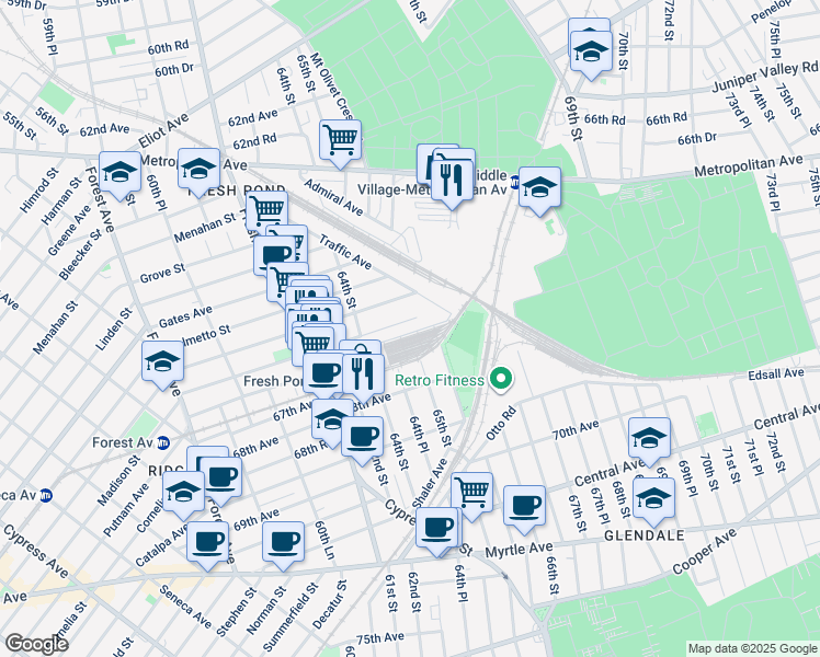 map of restaurants, bars, coffee shops, grocery stores, and more near 64-58 Woodbine Street in Queens