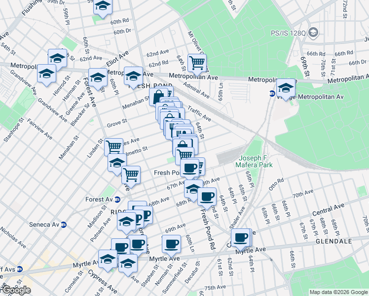 map of restaurants, bars, coffee shops, grocery stores, and more near in Queens