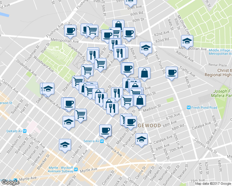 map of restaurants, bars, coffee shops, grocery stores, and more near 20-32 Menahan Street in Queens