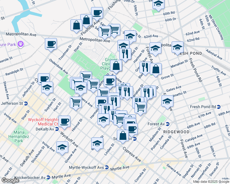 map of restaurants, bars, coffee shops, grocery stores, and more near 19-12 Himrod Street in Queens