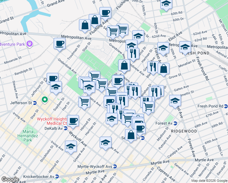 map of restaurants, bars, coffee shops, grocery stores, and more near 19-12 Himrod Street in Queens