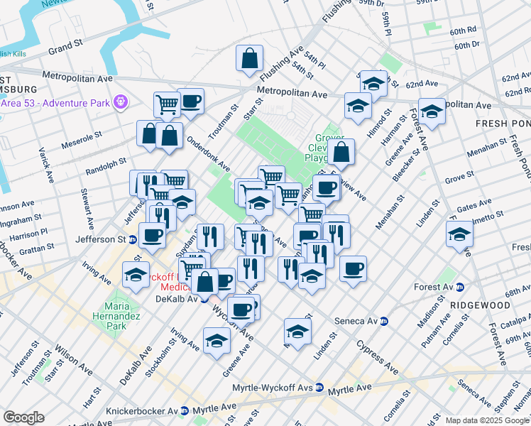 map of restaurants, bars, coffee shops, grocery stores, and more near 3-10 Onderdonk Avenue in Queens