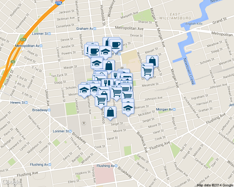 map of restaurants, bars, coffee shops, grocery stores, and more near in Brooklyn
