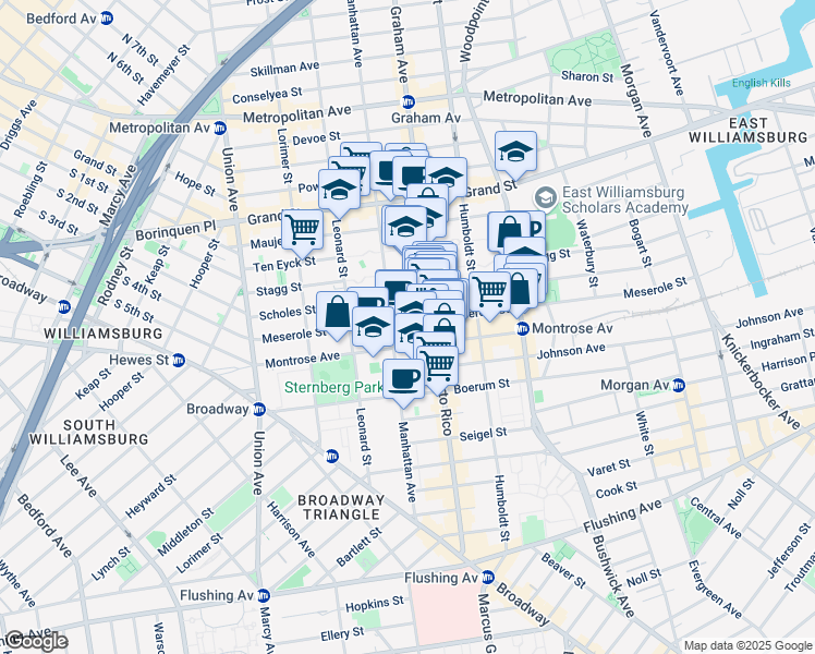 map of restaurants, bars, coffee shops, grocery stores, and more near 142 Scholes Street in Brooklyn