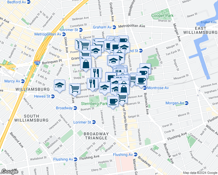 map of restaurants, bars, coffee shops, grocery stores, and more near in Brooklyn