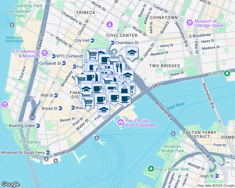 map of restaurants, bars, coffee shops, grocery stores, and more near 46 Cliff Street in New York