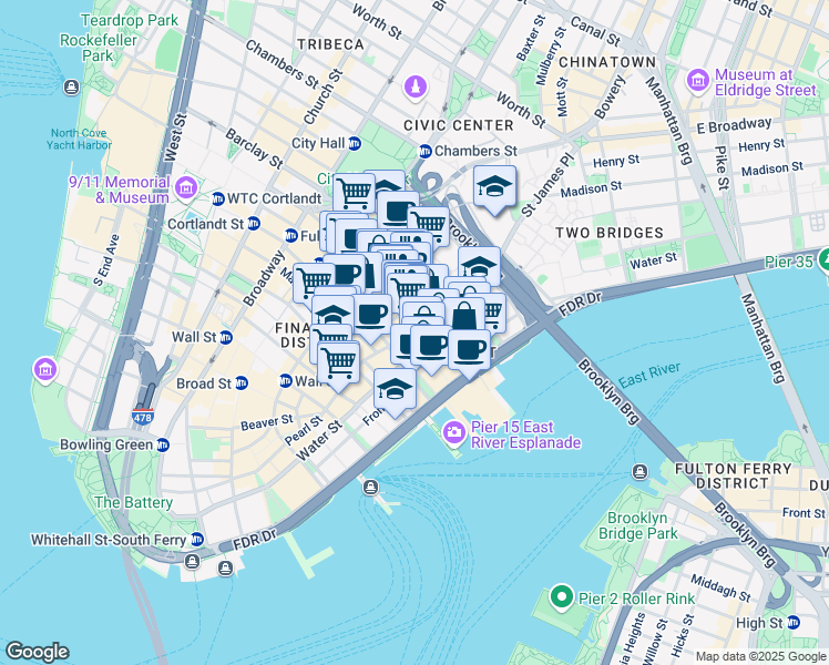 map of restaurants, bars, coffee shops, grocery stores, and more near 46 Cliff Street in New York