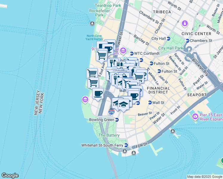 map of restaurants, bars, coffee shops, grocery stores, and more near 13-21 Rector Street in New York