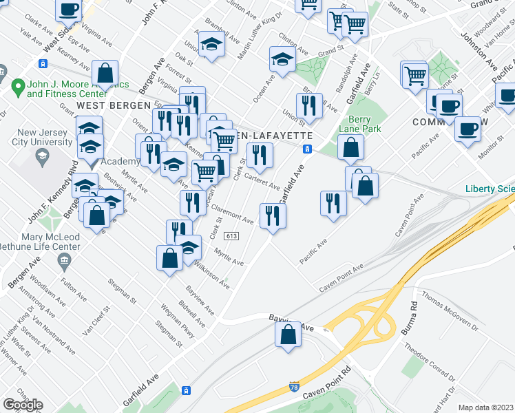 map of restaurants, bars, coffee shops, grocery stores, and more near 190 Arlington Avenue in Jersey City