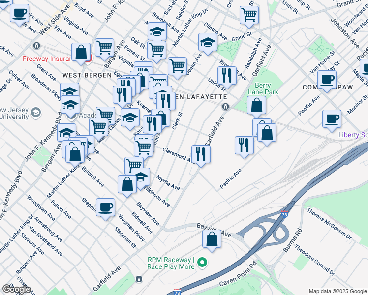 map of restaurants, bars, coffee shops, grocery stores, and more near 190 Arlington Avenue in Jersey City