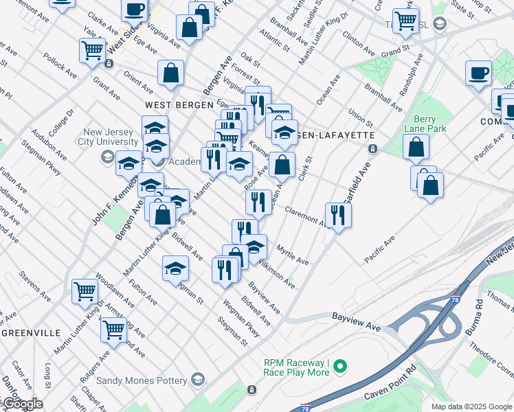 map of restaurants, bars, coffee shops, grocery stores, and more near 402 Rose Avenue in Jersey City