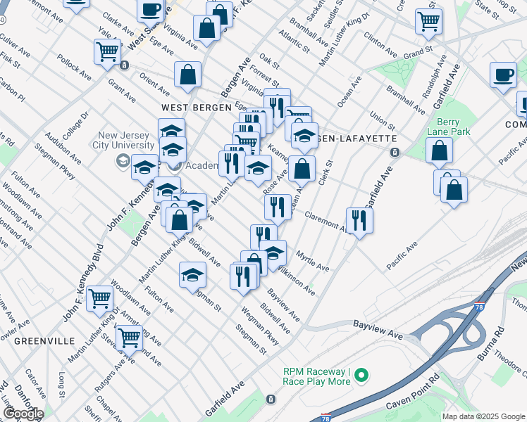 map of restaurants, bars, coffee shops, grocery stores, and more near 402 Rose Avenue in Jersey City