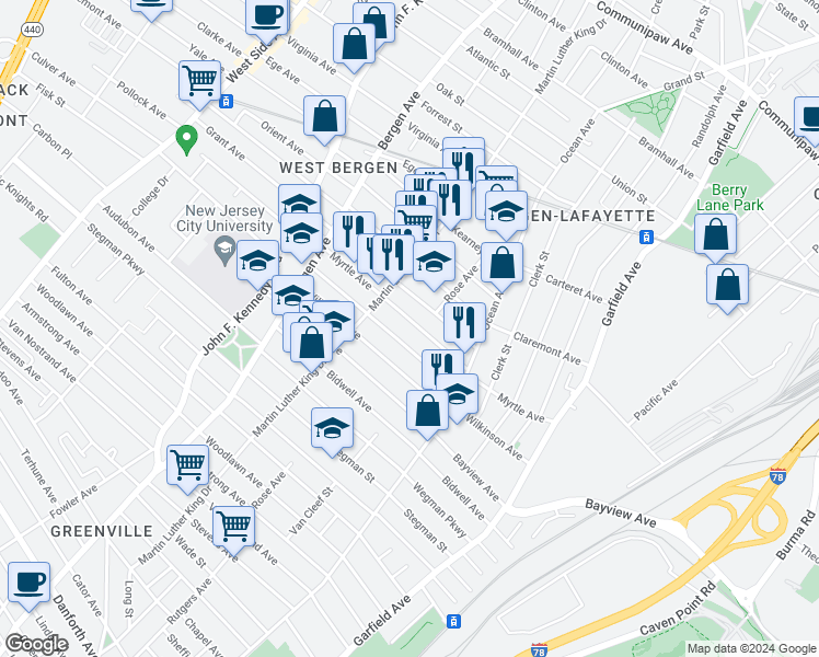 map of restaurants, bars, coffee shops, grocery stores, and more near 146 Myrtle Avenue in Jersey City