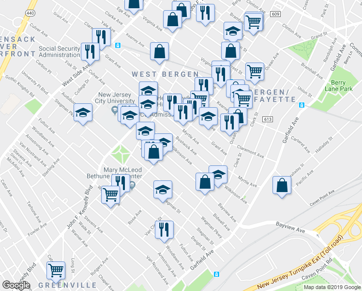map of restaurants, bars, coffee shops, grocery stores, and more near 275 County Road 609 in Jersey City