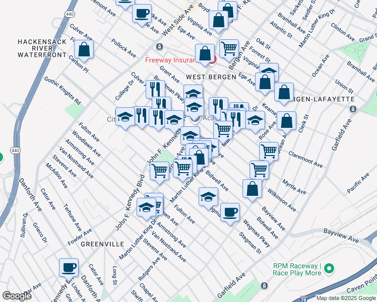 map of restaurants, bars, coffee shops, grocery stores, and more near 176 Bergen Avenue in Jersey City