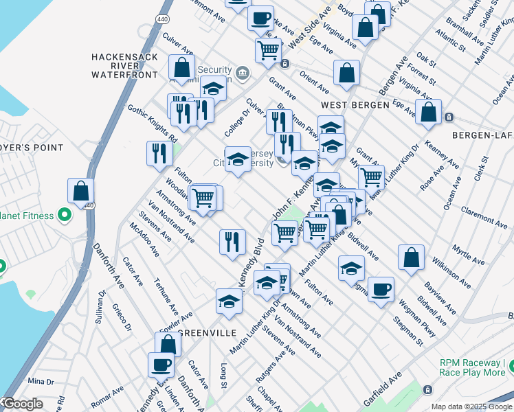 map of restaurants, bars, coffee shops, grocery stores, and more near 317 Stegman Parkway in Jersey City